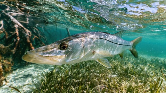 Close-up photograph of a common snook in tropical coastal waters