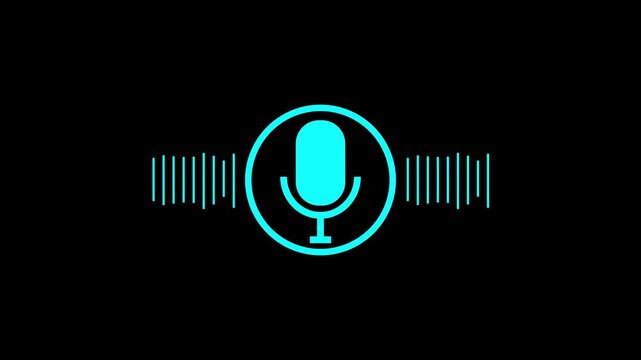 Animated Microphone Icon with Audio Waveform on Black Background,Voice Recording Interface,Podcast Broadcasting Concept, Sound Recognition Technology, Speech Communication Motion Graphics Loop in 4K.