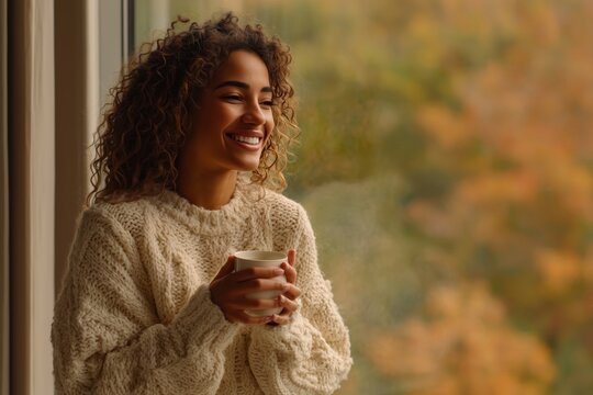 Smiling Woman in Cozy Sweater with Warm Drink by Autumn Window