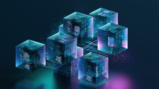 Glowing Code Cubes: Abstract Digital Artwork of Asynchronous JavaScript Architecture