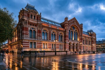Fototapeta premium Historic London museum facade with decorative terracotta detailing, wide-angle view at sunset
