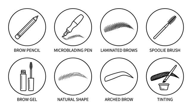 Eyebrow grooming circular round line art icons set, black linear vector badges with brow pencil, microblading pen hair strokes, laminated brows, spoolie brush, brow gel, textured natural shape