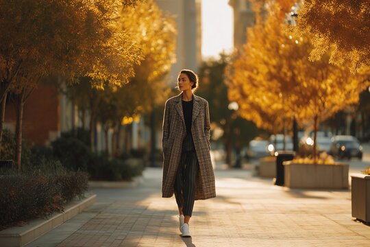 Woman in plaid coat walking on an autumn city street