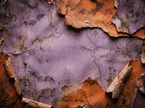 Torn Halloween parchment paper with spooky symbols and a distressed texture during a dark night