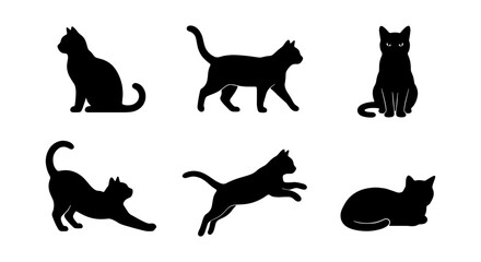 Black cat silhouettes vector set, feline pet shapes in different poses, domestic cat icons for halloween and animal design © AESAAKTER
