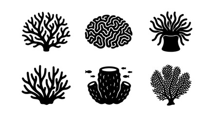 Coral reef icon set in black silhouette style, marine life vector elements including brain coral and sea anemone, underwater ocean biology graphics © AESAAKTER