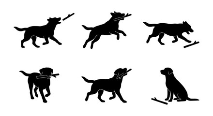 Fototapeta premium Black dog silhouettes playing fetch, set of 6 labrador retriever vector icons catching and holding a wooden stick, pet training graphics