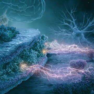 Digital illustration of CB1 and CB2 receptors in human cell membranes with endocannabinoid signaling