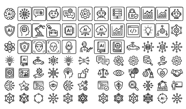 Futuristic AI and Machine Learning Icons Collection for Web and Mobile Vector Illustration