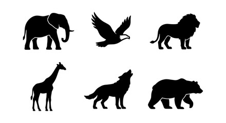 Wild animal silhouettes vector set, black safari and forest animals icons, minimalist wildlife shapes for logo design © AESAAKTER