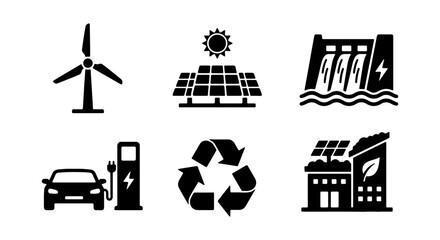 Fototapeta premium Green energy icon set, renewable power vector symbols, eco friendly technology glyphs for sustainable development infographics
