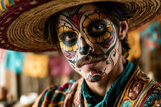 Hombre con maquillaje de calavera y vestimenta folkl&Atilde;&sup3;rica, composici&Atilde;&sup3;n cultural mexicana para la celebraci&Atilde;&sup3;n