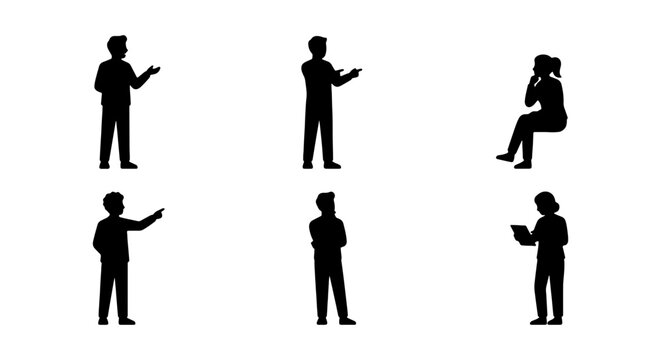 Business people silhouettes vector set, standing and sitting professional figures, corporate workers in various poses for architectural rendering