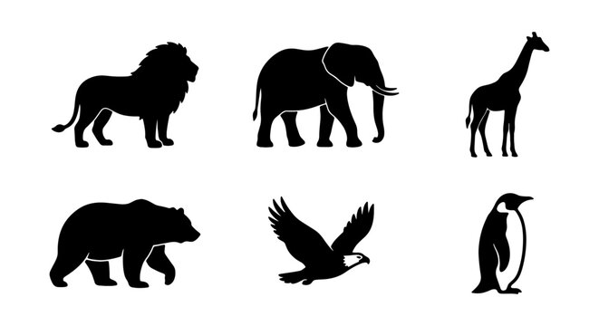 Wild animal silhouettes vector set, black safari fauna icons on white background, collection of 6 wildlife symbols for logo design and branding