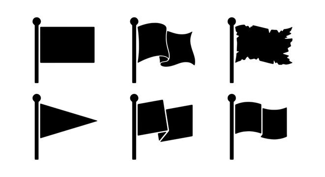Black flag silhouette icons set, minimalist flag on flagpole vector elements, simple waving pennant and banner symbols for map markers and UI design