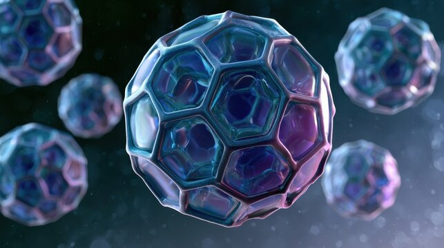 3D illustration of Buckminsterfullerene molecules forming a nanoscale buckyball cluster