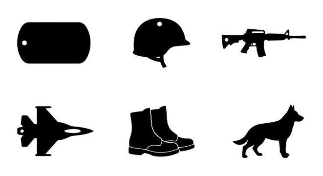 Military silhouette icons set, army vector elements including helmet, dog tag, rifle, fighter jet, combat boots, and military dog