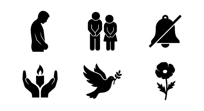 Funeral and mourning icon set, black silhouette memorial symbols, grief and condolence vector elements for obituaries