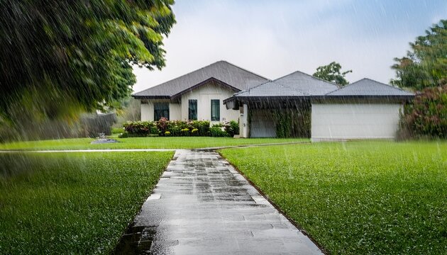 heavy rain drenches a concrete path and lush green yard leading to a blurred modern suburban house
