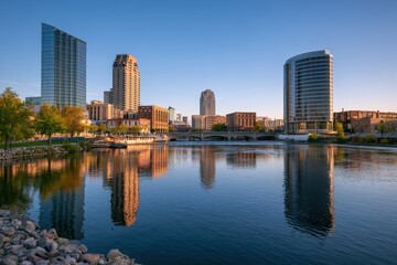 Fototapeta premium Downtown Grand Rapids skyline from the Grand River with calm water reflections