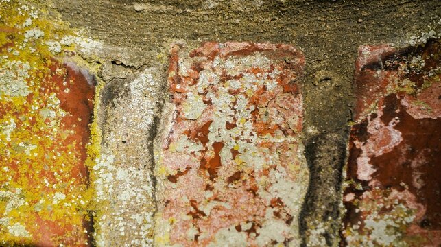 Abstraktes Motiv mit alter verwitterter rot-pink-gelber Backsteinwand als Hintergrund