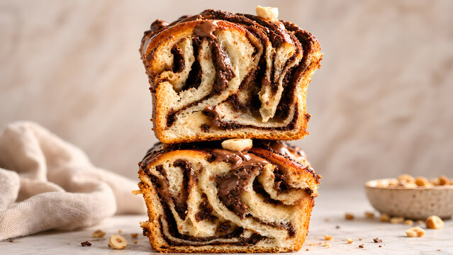 Sliced chocolate hazelnut babka with soft layered crumb