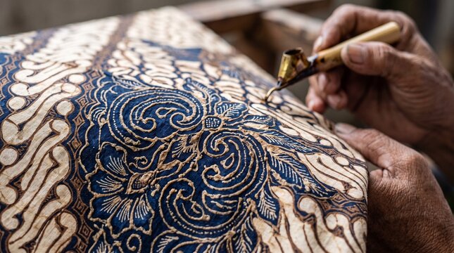 Close Up of Artisan Hands Drawing Intricate Batik Pattern on Fabric Using Canting Tool, Traditional Indonesian Textile Handcraft Process