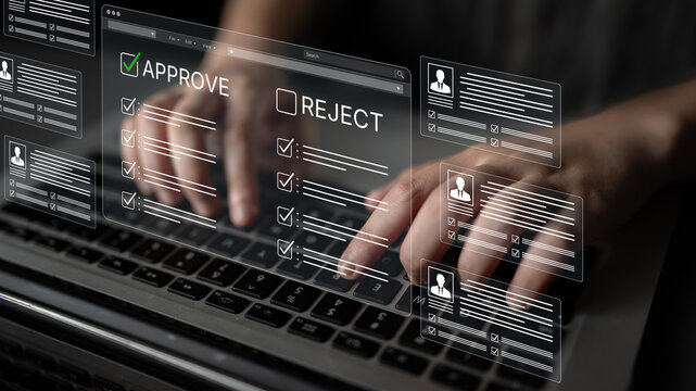 Hands Typing on Laptop Keyboard with Digital Approval and Rejection Notifications in a Virtual Workspace Environment for Decision-Making and Evaluation Processes. Bitwise.