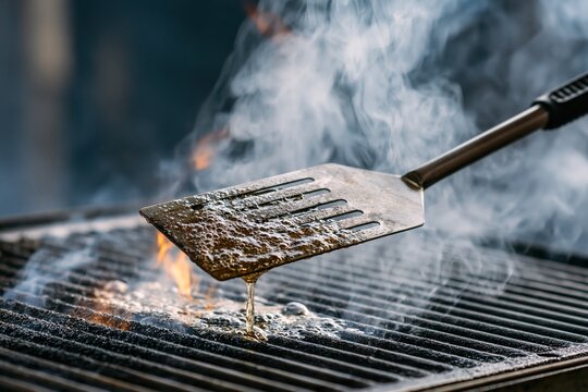 Spatula Squeaking Over Hot Grill, Flames and Smoke Looming Background