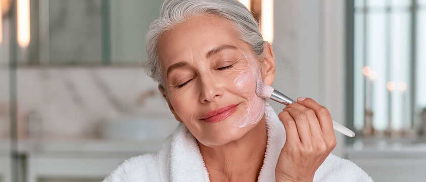 Close-up of a beautiful mature woman, cosmetic mask on her face brush, skin care concept, bathroom