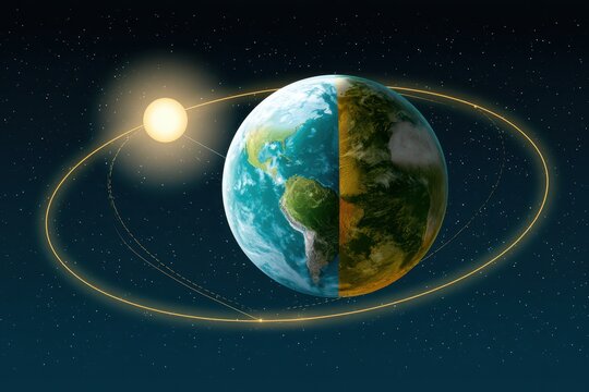 Digital illustration of Earth's elliptical orbit around the Sun with an apsides line, solstice markers, and seasonal shifts in northern and southern hemispheres