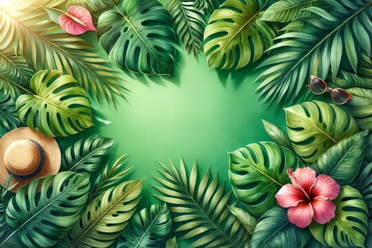 Lush Tropical Jungle Leaves in Shades of Green, Including Monstera, Palm Leaves, and a Pink Exotic Flower  Arranged in a Border on a Vibrant Green Background.  Vacation Summer Themed.