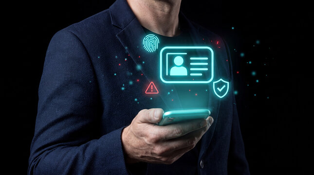 Businessman Using Phone with Digital ID Profile Verification