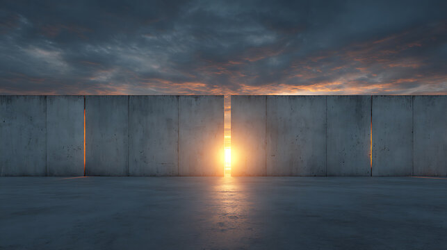 Minimal concrete wall with a narrow opening filled by warm sunrise light, symbolizing hope, emotional healing, resilience, new beginnings and positive mental wellbeing