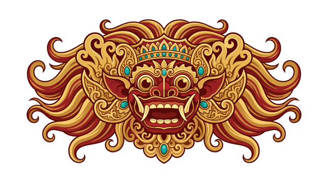 Ornate red and orange Indonesian demon mask illustration.