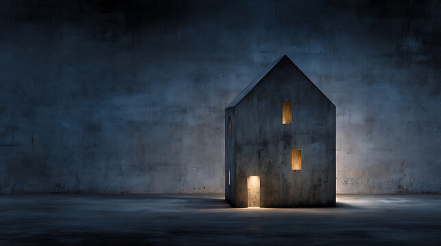 Minimal dark house with glowing windows in a quiet empty space, expressing solitude, inner safety, emotional resilience, hope, healing and mental wellbeing through simple architecture