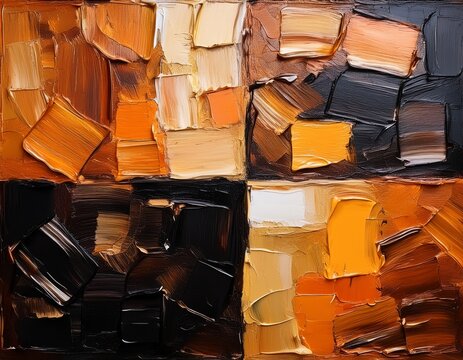 closeup of abstract rough black brown bronze golden orange art painting in squares with oil brushstroke pallet knife painting texture