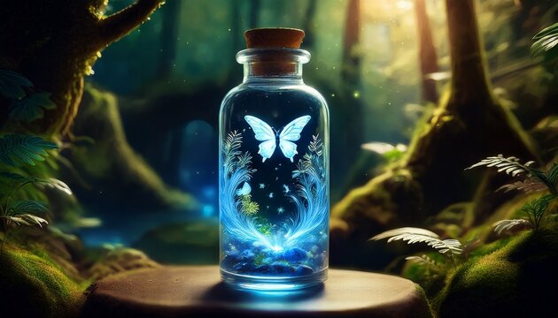 a tiny enchanting world featuring a flying fairy and a glowing blue waterfall contained within a handheld glass bottle