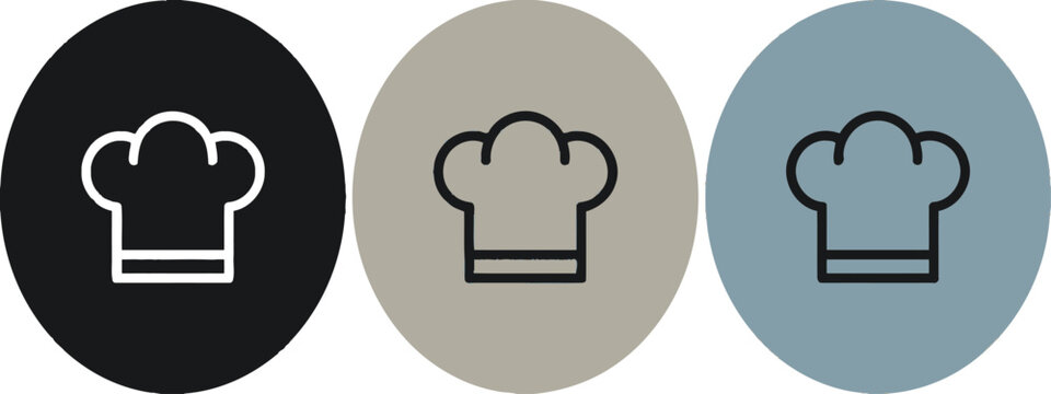 Chef hat icon set in outline and solid style featuring cooking toque icons representing culinary expertise, food preparation, and restaurant kitchen concepts in a vector pack