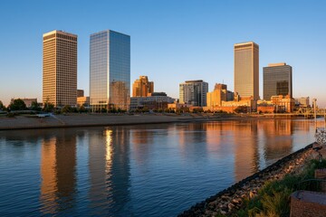 Fototapeta premium Historic Route 66 Vibe Meets Contemporary Downtown Tulsa Skyline at Dusk