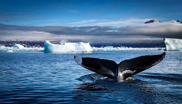 bowhead whale fluke emerging from dark ocean water with icebergs in the background