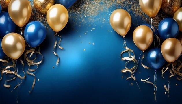 celebration birthday wedding ballons blue golden golden ribbons flying on the top of image blue background texture card