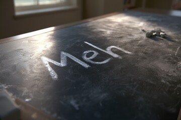 Fototapeta premium Chalk on a blackboard spelling Meh, capturing a mood of indifference during an opinion moment