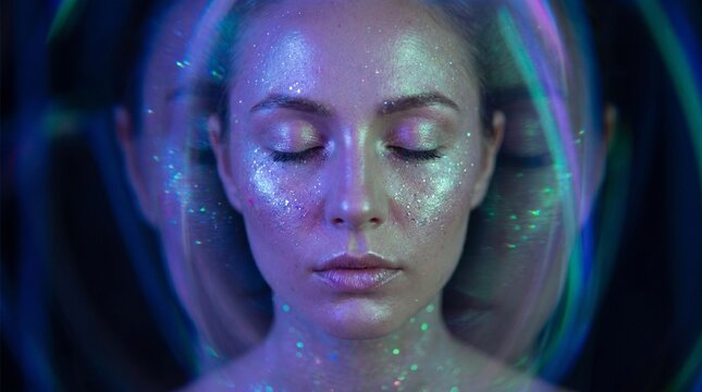 Ethereal woman with glowing iridescent skin in futuristic neon space, surreal beauty portrait featuring holographic makeup and cosmic digital aesthetics