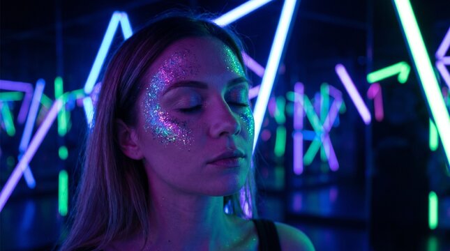 Glowing female portrait with metallic shimmering skin and neon lighting, futuristic beauty concept featuring holographic reflections and ethereal meditation
