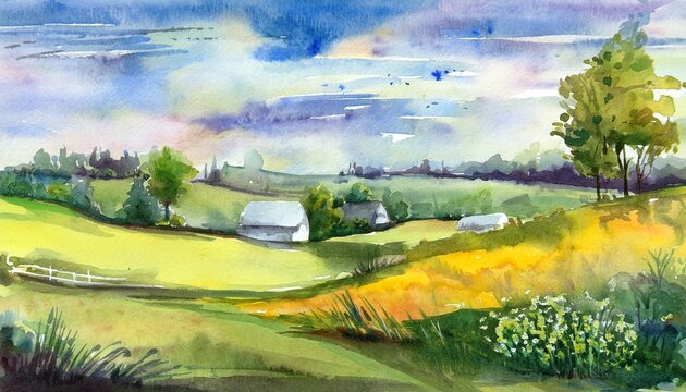summer watercolor landscape spring watercolor lands countryside
