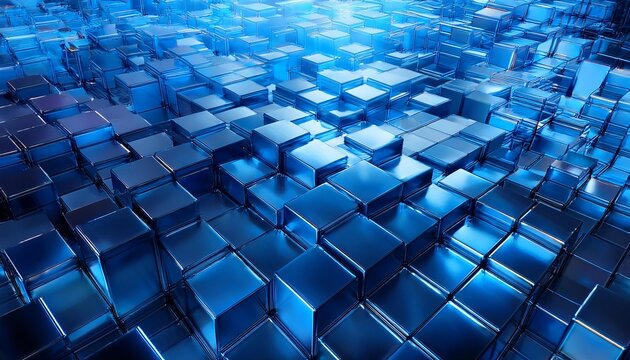 closeup of blue metallic geometric shapes of cubes or boxes with 3d gradient modern bussines design