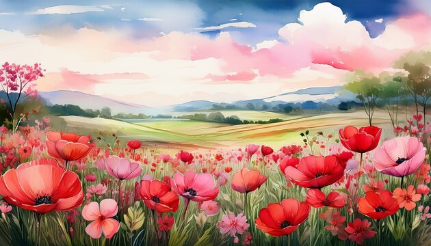 an idyllic watercolor landscape featuring a tranquil field full of red and pink spring flowers