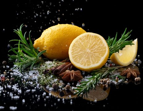 closeup of healthy food fresh lemon slices herbs and spices isolated on black background