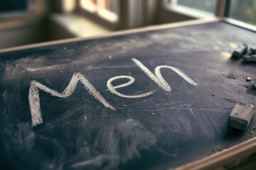 Fototapeta premium Close-up photograph of a chalkboard with the word Meh in white chalk, expressing indifference